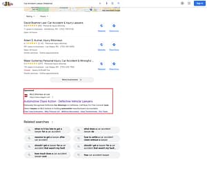 MLB Attorneys At Law, a California based automotive law firm, has ads showing for irrelevant searches. Pictured is their ad for the search "Car Accident Lawyer Disbarred".