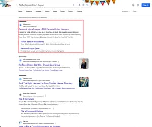 Bradley, Drendel & Jeanney, a Nevada based personal injury law firm, has ads showing for irrelevant searches. Pictured is their ad for the search "File Bar Complaint Injury Lawyer".