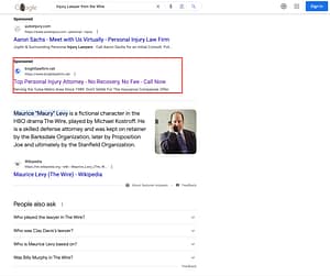 Google Ad is appearing when searching "Injury lawyer from the wire"