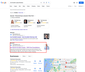 Mannis Injury Law, an Illinois based personal injury law firm, has ads showing for irrelevant searches. Pictured is their ad for the search "Car Accident Lawyer Brooklyn".