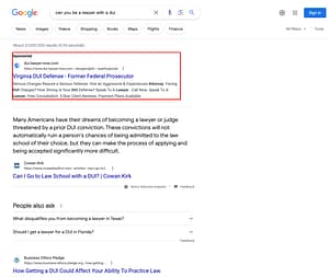 S.L. England, a Virginia based DUI law firm, has ads showing for irrelevant searches. Pictured is their ad for the search "Can You Be A Lawyer With A DUI".