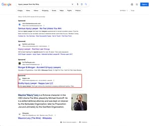Nappa Law, a Rhode Island based personal injury law firm, has ads showing for irrelevant searches. Pictured is their ad for the search "Injury Lawyer From The Wire".