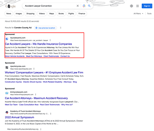 Smith Magram Michaud Colonna, a New Jersey based injury law firm, has ads showing for irrelevant searches. Pictured is their ad for the search "Accident Lawyer Convention".