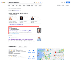 Lloyd Miller Law Group, a Chicago based personal injury law firm, has ads showing for irrelevant searches. Pictured is their ad for the search "Car Accident Lawyer Brooklyn".
