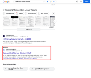 Stephen P. Kelly, an Illinois based personal injury and workers compensation law firm, has ads showing for irrelevant searches. Pictured is their ad for the search "Car Accident Lawyer Resume".