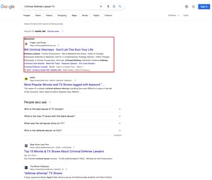 Puget Law Group, a Washington based criminal defense law firm, has ads showing for irrelevant searches. Pictured is their ad for the search “Criminal Defense Lawyer TV”.
