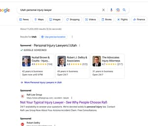 Rafi Law Group, an Arizona based personal injury law firm, has ads showing for irrelevant searches. Pictured is their ad for the search "Utah Personal Injury Lawyer".