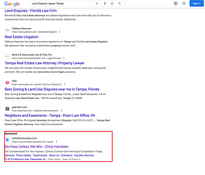 Chamblen Injury Law, a Florida based personal injury law firm, has ads showing for irrelevant searches. Pictured is their ad for the search "Land Dispute Lawyer Tampa.