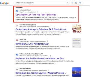 Law Firm of Walter Gabriel, a Georgia based personal injury law firm, has ads showing for irrelevant searches. Pictured is their ad for the search "Car Accident Lawyer Alabama".