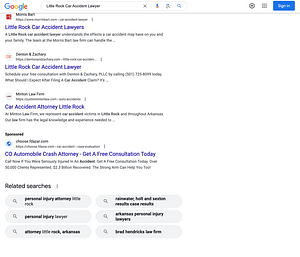 Franklin D. Azar & Associates, a Colorado based personal injury law firm, has ads showing for irrelevant searches. Pictured is their ad for the search "Little Rock Car Accident Lawyer”.