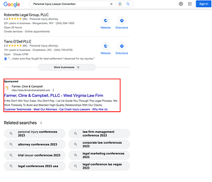 Farmer, Cline & Campbell, a West Virginia based personal injury law firm, has ads showing for irrelevant searches. Pictured is their ad for the search “Personal Injury Lawyer Convention”.