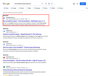 Bottlinger Law, a Nebraska based personal injury law firm, has ads showing for irrelevant searches. Pictured is their ad for the search “Car Accident Lawyer Resume”.