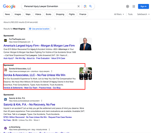 Soroka & Associates, a West Virginia based personal injury law firm, has ads showing for irrelevant searches. Pictured is their ad for the search “Personal Injury Lawyer Convention”.