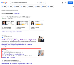 Stuart Tinley, an Iowa based personal injury law firm, has ads showing for irrelevant searches. Pictured is their ad for the search "Car Accident Lawyer Philadelphia".