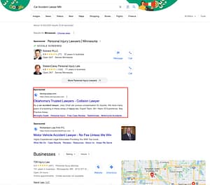 Chiaf Law's ads are being triggered by a wholly irrelevant search of " Accident Lawyer MN". The firm is not licensed or practicing in Minnesota