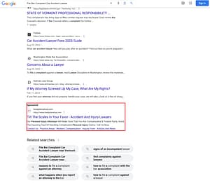 Brady/Donahue, a Vermont based personal injury law firm, has ads showing for irrelevant searches. Pictured is their ad for the search "File Bar Complaint Car Accident Lawyer".