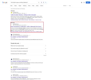 Steffens Law Offices, a Nebraska based personal injury law firm, has ads showing for irrelevant searches. Pictured is their ad for the search “Car Accident Lawyer Lied About Settlement”.