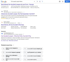 Bradley Law Group, a North Carolina based personal injury law firm, has ads showing for irrelevant searches. Pictured is their ad for the search "Car Accident Lawyer Atlanta".
