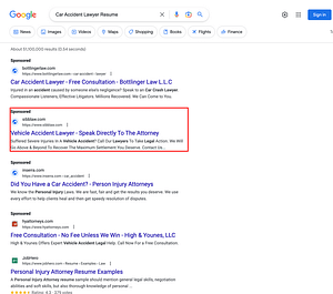 Sibbernsen Law Firm, a Nebraska based personal injury law firm, has ads showing for irrelevant searches. Pictured is their ad for the search “Car Accident Lawyer Resume".