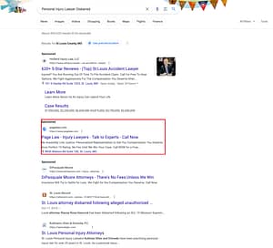 Page Law, a Missouri based personal injury law firm, has ads showing for irrelevant searches. Pictured is their ad for the search “Personal Injury Lawyer Disbarred."