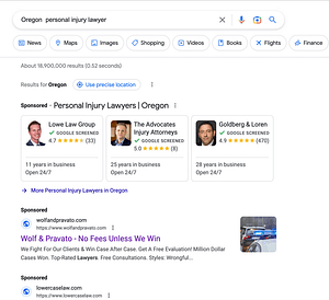 Wolf & Pravato, a Florida based personal injury law firm, has ads showing for irrelevant searches. Pictured is their ad for the search "Oregon Personal Injury Lawyer".
