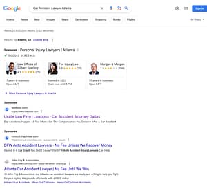 Lawboss - Uvalle Law Firm, a Texas based law firm, has ads showing for irrelevant searches. Pictured is their ad in a search for "Car Accident Lawyer Atlanta".