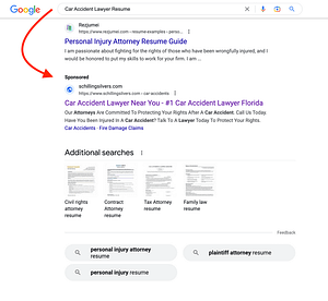 Schilling & Silvers, a Florida based personal injury and property damage law firm, has ads showing for irrelevant searches. Pictured is their ad for the search "Car Accident Lawyer Resume".