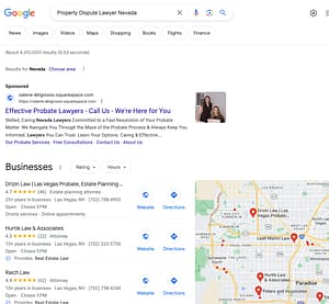 Origins Legal Group, a Nevada based probate law firm, has ads showing for irrelevant searches. Pictured is their ad for the search "Property Dispute Lawyer Nevada".