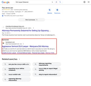 Handy Law, a Vermont based DUI law firm, has ads showing for irrelevant searches. Pictured is their ad for the search "DUI Lawyer Disbarred".