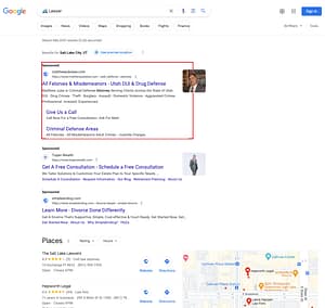 Matthew Jube, a Utah based personal injury law firm, has ads showing for irrelevant searches. Pictured is their ad for the search “🚙 Lawyer”.