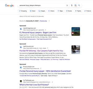 Ziegler Diamond Law, a Florida based personal injury law firm, has ads showing for irrelevant searches. Pictured is their ad for the search "Personal Injury Lawyer Shampoo".