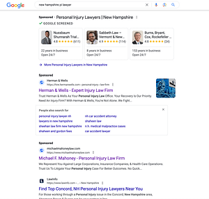 Herman & Wells, a Florida based personal injury and insurance law firm, has ads showing for irrelevant searches. Pictured is their ad for the search "New Hampshire PI Lawyer".
