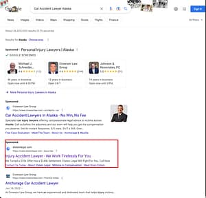 Elstein Legal, a Florida based personal injury law firm, has ads showing for irrelevant searches. Pictured is their ad for the search "Car Accident Lawyer Alaska".