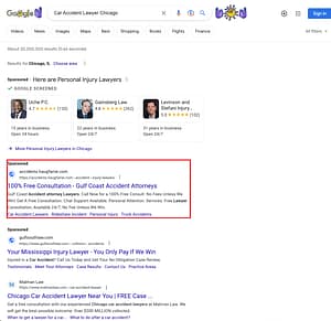 Haug, Farrar & Franco, a Mississippi based personal injury law firm, has ads showing for irrelevant searches. Pictured is their ad for the search “Car Accident Lawyer Chicago”.