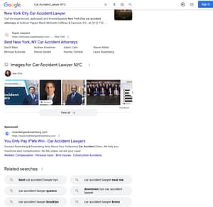 Rosenberg & Rosenberg, a Florida based personal injury and workers compensation law firm, has ads showing for irrelevant searches. Pictured is their ad for the search "Car Accident Lawyer NYC".