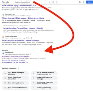 The Roth Firm, an Atlanta and Nashville based personal injury law firm, has ads showing for irrelevant searches. Pictured is their ad for the search "Black Injury Lawyers Atlanta".