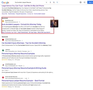 Becker Law Office, a Kentucky based personal injury law firm, has ads showing for irrelevant searches. Pictured is their ad for the search "Car Accident Lawyer Resume".