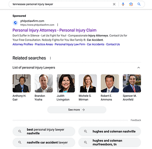 Philpot Law Firm, a South Carolina based personal injury law firm, has ads showing for irrelevant searches. Pictured is their ad for the search “Tennessee Personal Injury Lawyer".