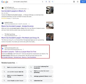 Marcari, Russotto, Spencer & Balaban, a North Carolina based personal injury law firm, has ads showing for irrelevant searches. Pictured is their ad for the search "Car Accident Lawyer Miami".