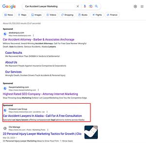 Crowson Law Group, an Alaska based personal injury law firm, has ads showing for irrelevant searches. Pictured is their ad for the search "Car Accident Lawyer Marketing.