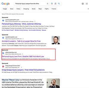 NBF Accident Law, a Washington based personal injury law firm, has ads showing for irrelevant searches. Pictured is their ad for the search “Personal Injury Lawyer From The Wire".