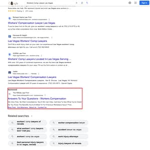The Wilhite Law Firm, an injury law firm based in Colorado and Texas, has ads showing up in irrelevant searches. Pictured is their ad in a search for "Workers Comp Lawyer Las Vegas".