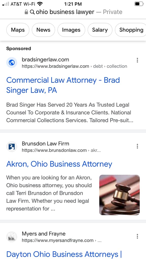 Brad Singer Law, a Florida based debt collection law firm, has ads showing for irrelevant searches. Pictured is their ad for the search "Ohio Business Lawyer".