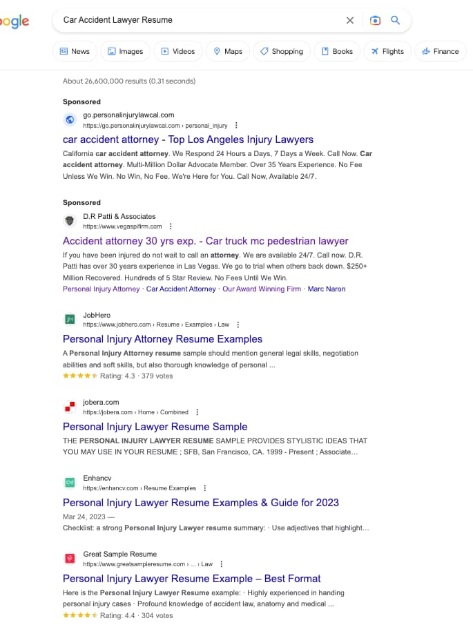 D.R. Patti & Associates, a Nevada based personal injury law firm, has ads showing for irrelevant searches. Pictured is their ad for the search "Car Accident Lawyer Resume".