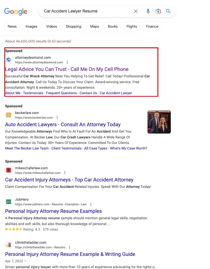Desmond Law, a Kentucky based accident & injury law firm, has ads showing for irrelevant searches. Pictured is their ad for the search "Car Accident Lawyer Resume".