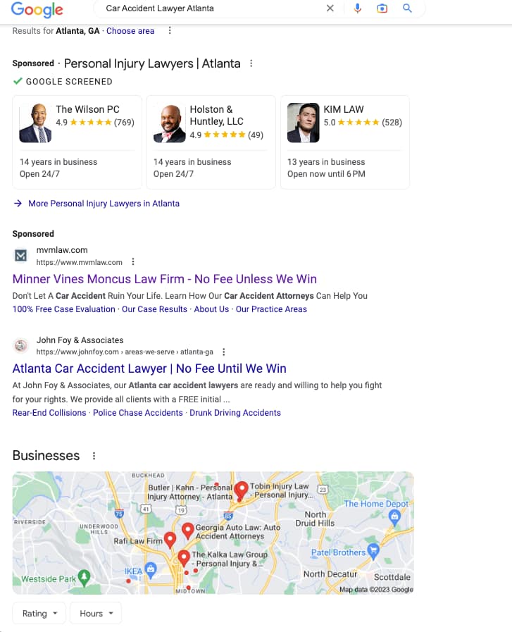Minner Vines Moncus Injury Lawyers, an Alabama based personal injury law firm, has ads showing for irrelevant searches. Pictured is their ad for the search "Car Accident Lawyer Atlanta”.
