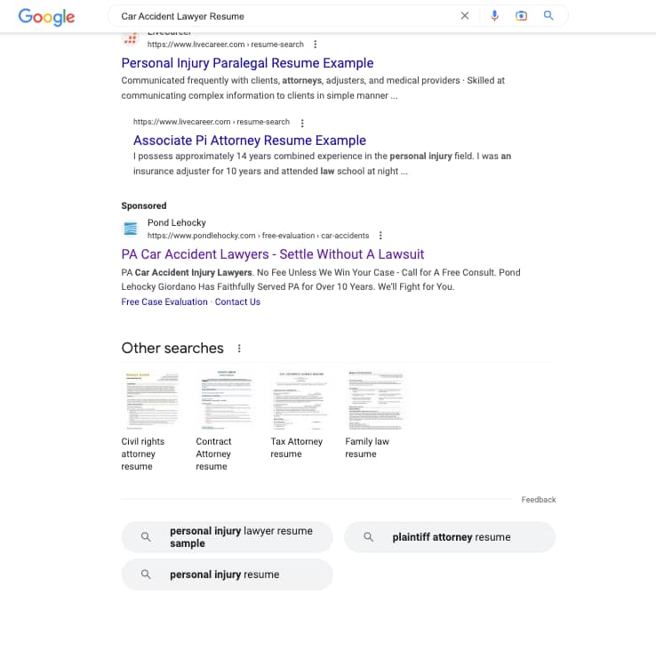 Pond Lehocky, a Pennsylvania based workers compensation law firm, has ads showing for irrelevant searches. Pictured is their ad for the search "Car Accident Lawyer Resume".