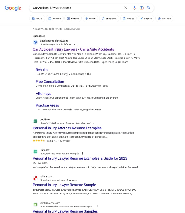 Pacific Point Defense, a Washington based personal injury law firm, has ads showing for irrelevant searches. Pictured is their ad for the search “Car Accident Lawyer Resume”.