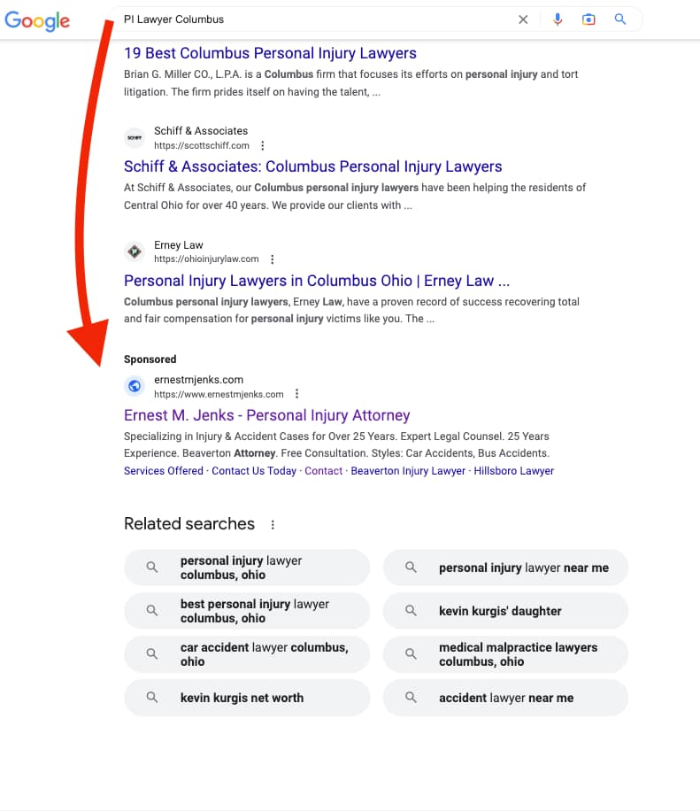 Ernest M. Jenks, an Oregon based personal injury law firm, has ads showing for irrelevant searches. Pictured is their ad for the search "PI Lawyer Columbus".