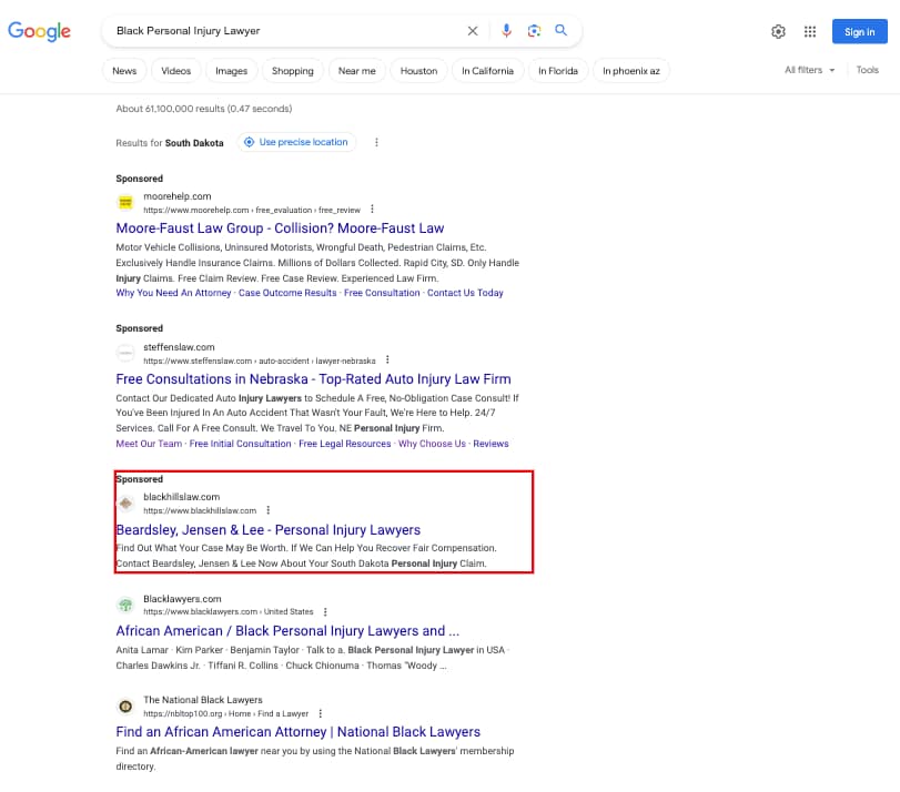 Pictured is a screenshot of "black personal injury lawyer", however, it seems that the user meant to type in "back" instead of "black" which is affecting the results.